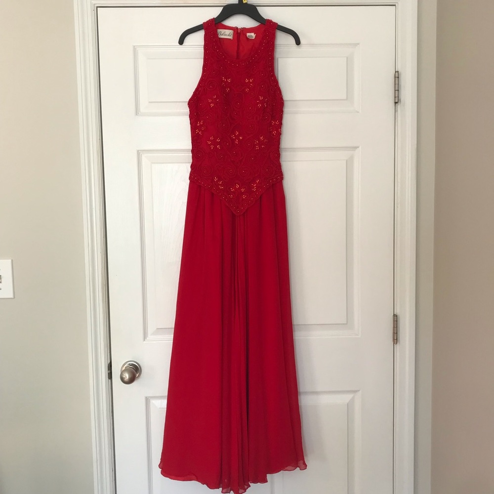 Red 100% silk, hand beaded, long formal modest dress by Baluchi; size 2. - Picture 2 of 15